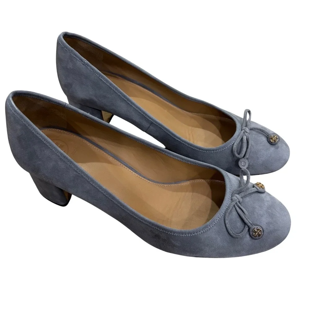 Tory Burch Laila Driver Pumps Gray Suede Gold Logo Block‎ Heel Round Toe sz 11